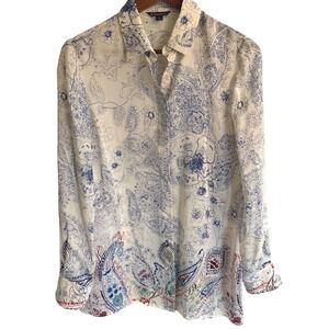 Brooks Brothers Silk 10 Paisley Floral Button Down Shirt White Blue Long Sleeve